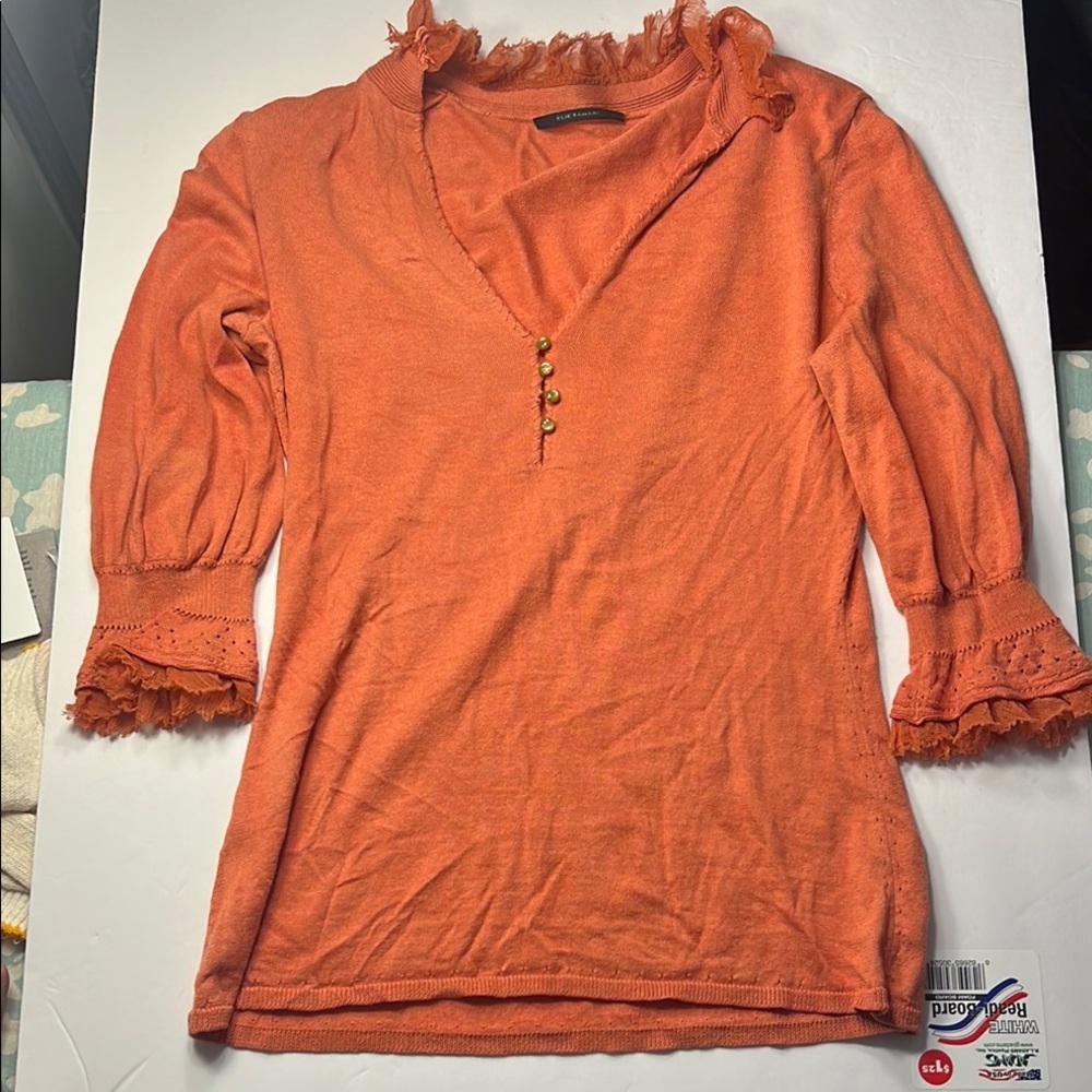 Elie Tahari Coral Orange Ruffled 3/4 Sleeve Blouse Size XS Cashmere COTTAGECORE - Picture 2 of 8